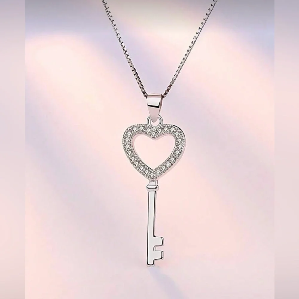 Silver Tone Heart Key Pendant Necklace - Picture 3 of 4